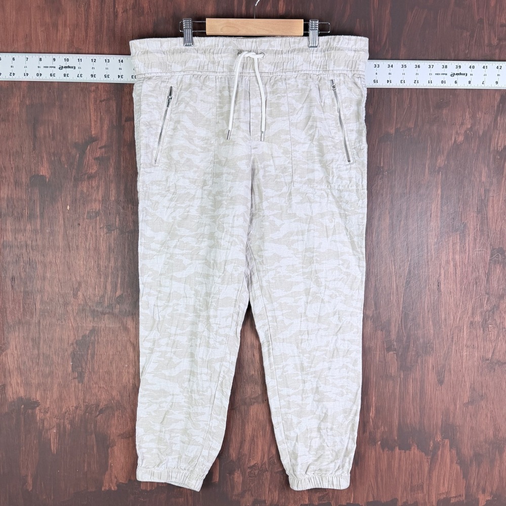 Athleta Cabo Tide Linen Jogger 10P Beige Camo Elastic Waistβ Zip Pocket Pants